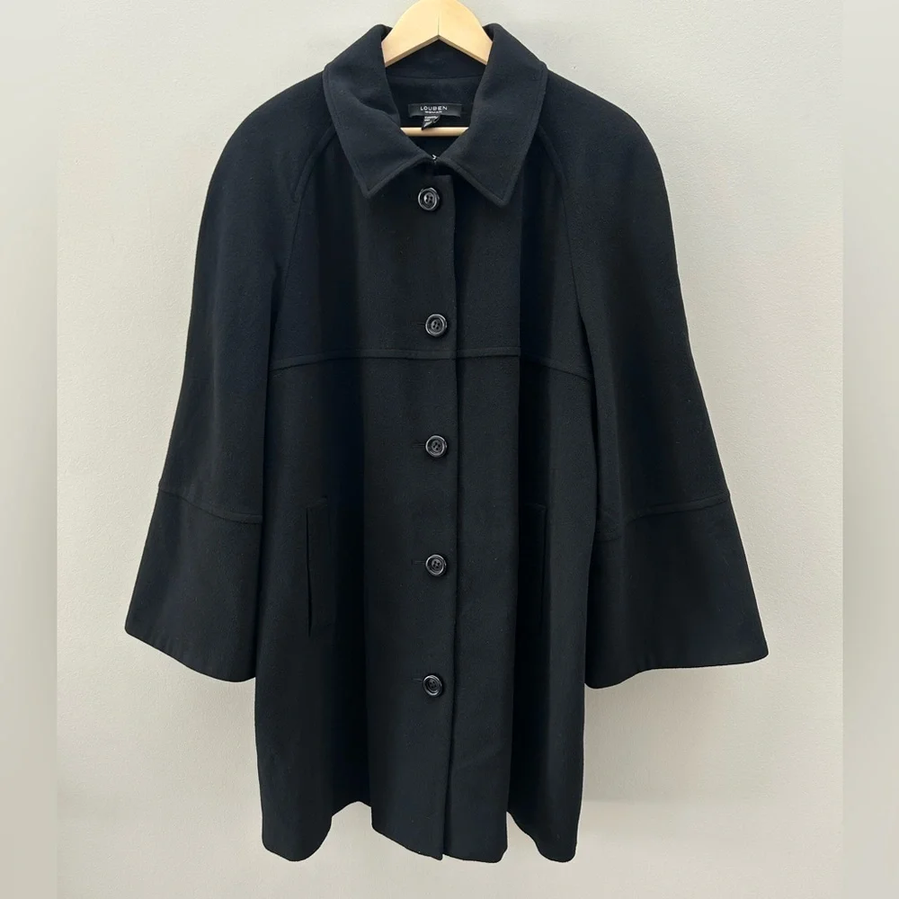Louben Vintage Elegant Wool Cashmere Blend Flare Sleeve Black Chic Trench Coat - Picture 2 of 7